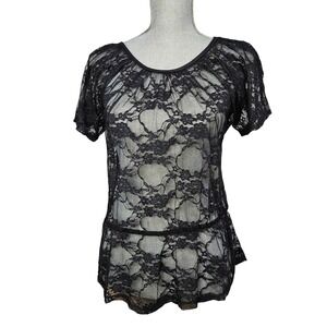 Black Sheer Floral Lace Criss Cross Back Peplum Top M Goth Coquette Y2K Mesh